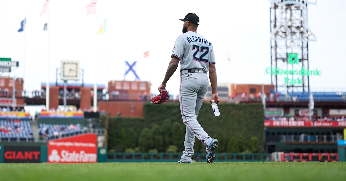 Miami Marlins pitcher Sandy Alcantara (22) takes the field before a game against the Philadelphia Phillies at Citizens Bank Park.