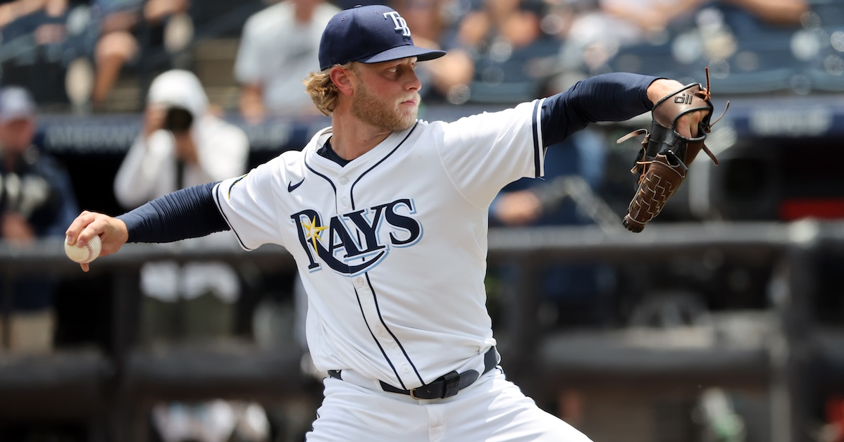 May 1, 2025; St. Petersburg, Florida, USA; Tampa Bay Rays starting pitcher Shane Baz (11) throws a pitch against the Kansas City Royals during the first inning at George M. Steinbrenner Field.