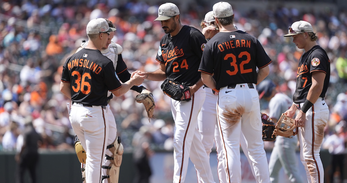 May 18, 2025; Baltimore, Maryland, USA; Baltimore Orioles interim manager Tony Mansolino (36) makes a pitching change taking Baltimore Orioles pitcher Zach Eflin (24) out of the game during the sixth inning against the Washington Nationals at Oriole Park at Camden Yards.