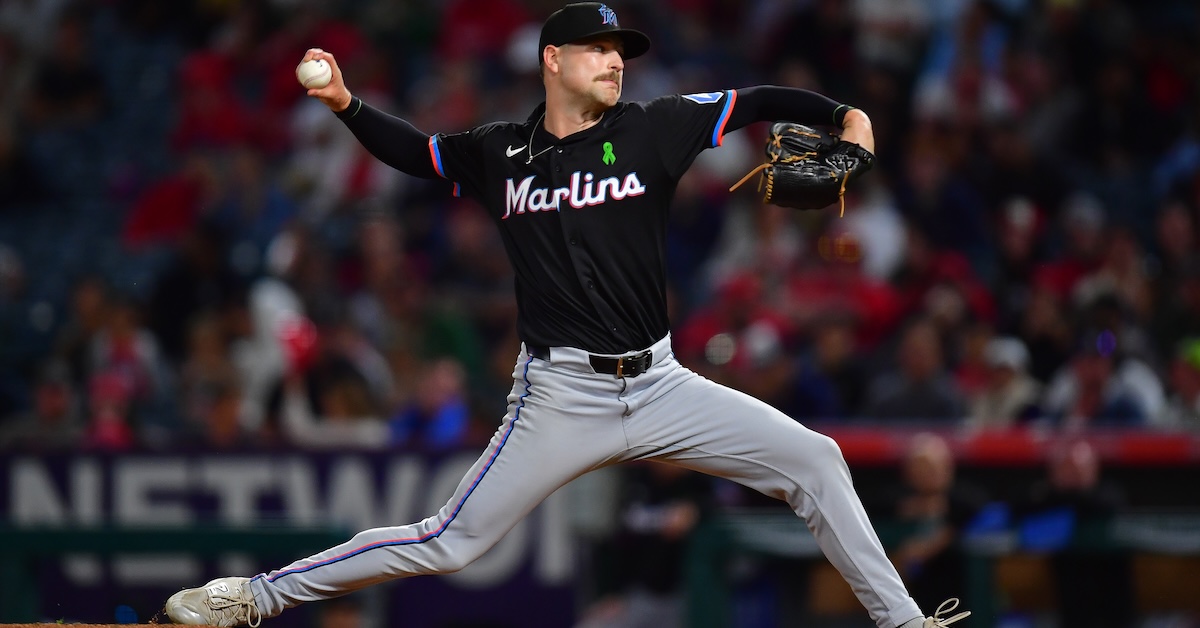 May 24, 2025; Anaheim, California, USA; Miami Marlins pitcher Janson Junk (26) throws against the Los Angeles Angels during the sixth inning at Angel Stadium.