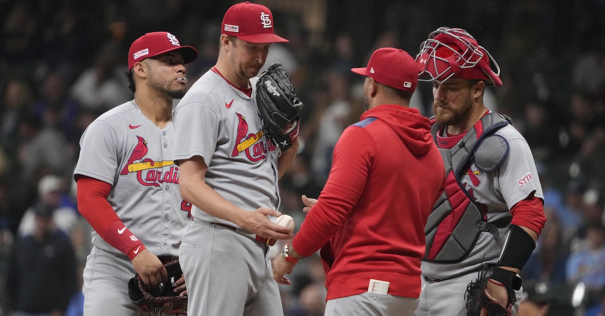 Jun 13, 2025; Milwaukee, Wisconsin, USA; St. Louis Cardinals manager Oliver Marmol (37) takes pitcher Erick Fedde (12) out of the game against the Milwaukee Brewers in the sixth inning at American Family Field.
