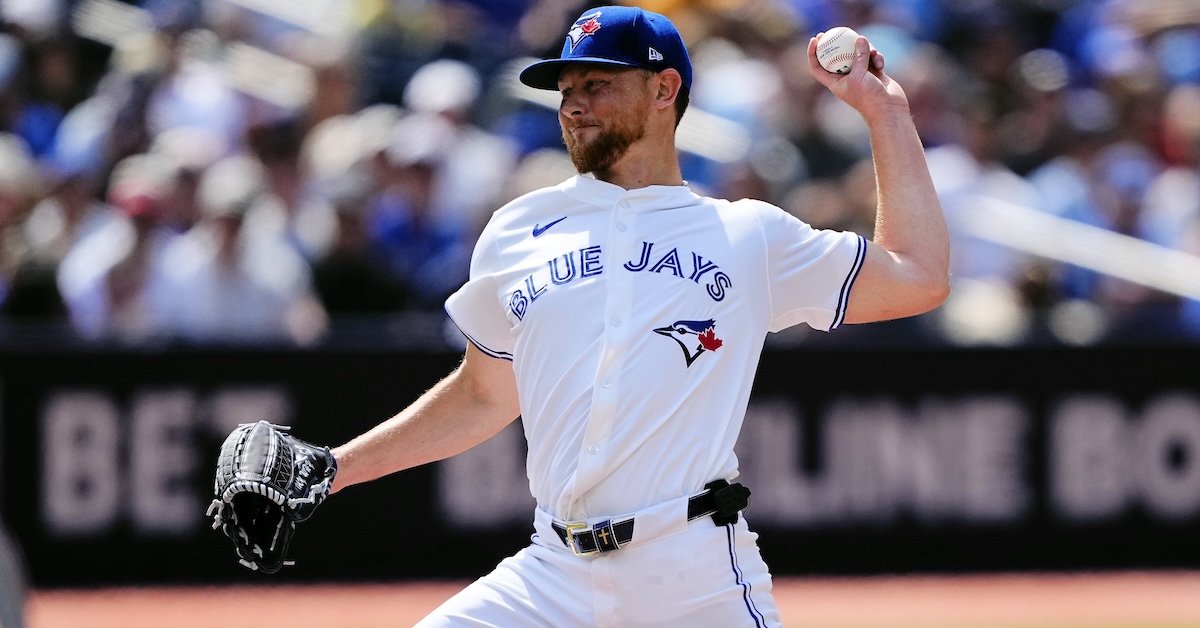 Jul 19, 2025; Toronto, Ontario, CAN; Toronto Blue Jays starting pitcher Eric Lauer (56) pitches to the San Francisco Giants during the third inning at Rogers Centre.
