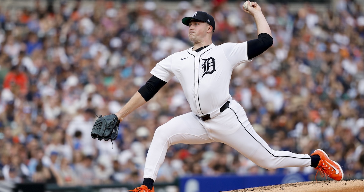 Jul 26, 2025; Detroit, Michigan, USA; Detroit Tigers pitcher Tarik Skubal (29) pitches in the third inning against the Toronto Blue Jays at Comerica Park.