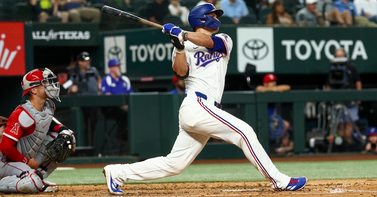 Rangers shortstop Corey Seager (5) hits a two-run home run during the fourth inning against the Los Angeles Angels at Globe Life Field. 
