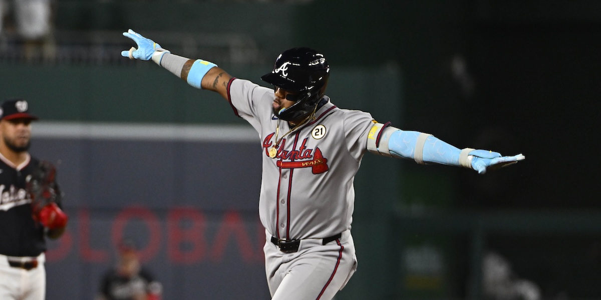 Atlanta Braves right fielder Ronald Acuna Jr. celebrates after hitting a solo home run against the Washington Nationals during the ninth inning at Nationals Park. 