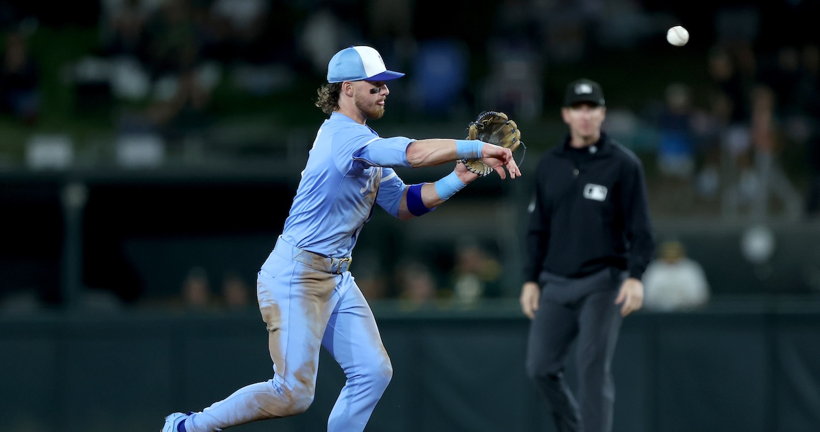 Kansas City Royals shortstop Bobby Witt Jr. (7) throws to first base for an out against the Athletics during the first inning at Sutter Health Park.