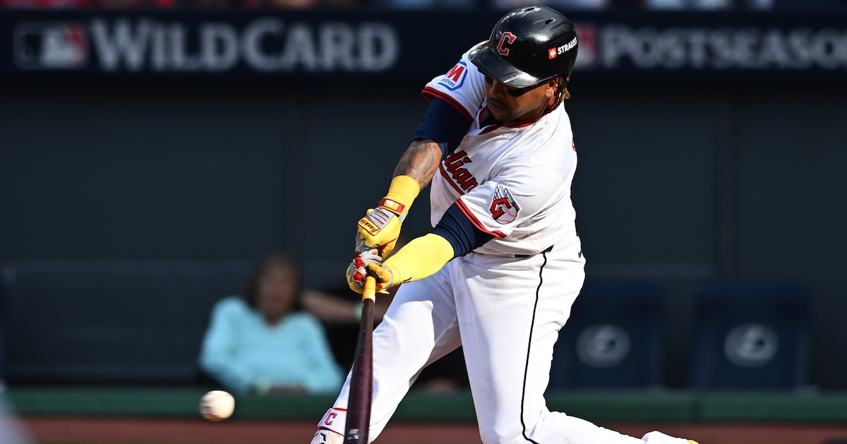 Jose Ramirez (11) hits a RBI single in the fourth inning against the Detroit Tigers during game three of the Wildcard round for the 2025 MLB playoffs at Progressive Field.