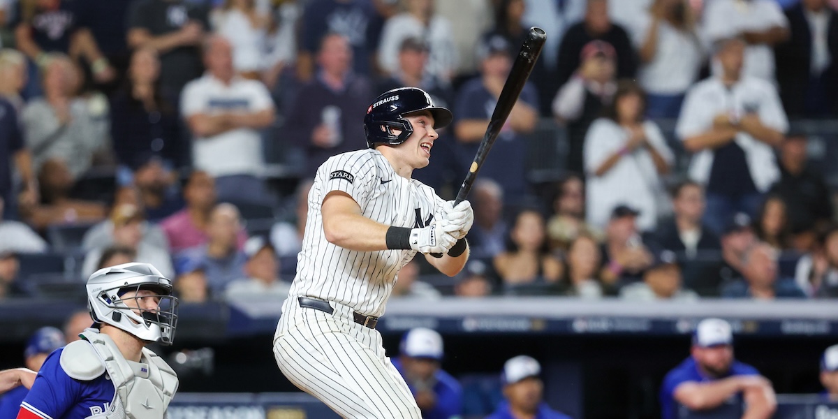 New York Yankees first baseman Ben Rice hits an RBI single in the sixth inning  against the Toronto Blue Jays during game three of the ALDS round for the 2025 MLB playoffs at Yankee Stadium.