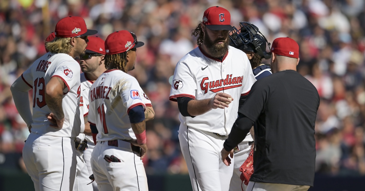 Cleveland Guardians pitcher Hunter Gaddis (33) is relieved from the mound win the seventh inning against the Detroit Tigers during game two of the Wildcard round for the 2025 MLB playoffs at Progressive Field. 
