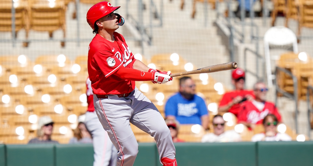 Cincinnati Reds first baseman Sal Stewart (27) looks up after hitting a homer in the second inning of a Cactus League game between the Cincinnati Reds and Chicago White Sox, Wednesday, Feb. 25, 2026, at Camelback Ranch Stadium in Glendale, Ariz.