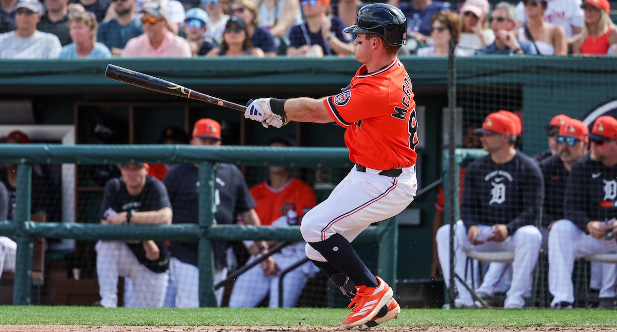 Detroit Tigers shortstop Kevin McGonigle (85) bats during the third inning against the Toronto Blue Jays at Publix Field at Joker Marchant Stadium.