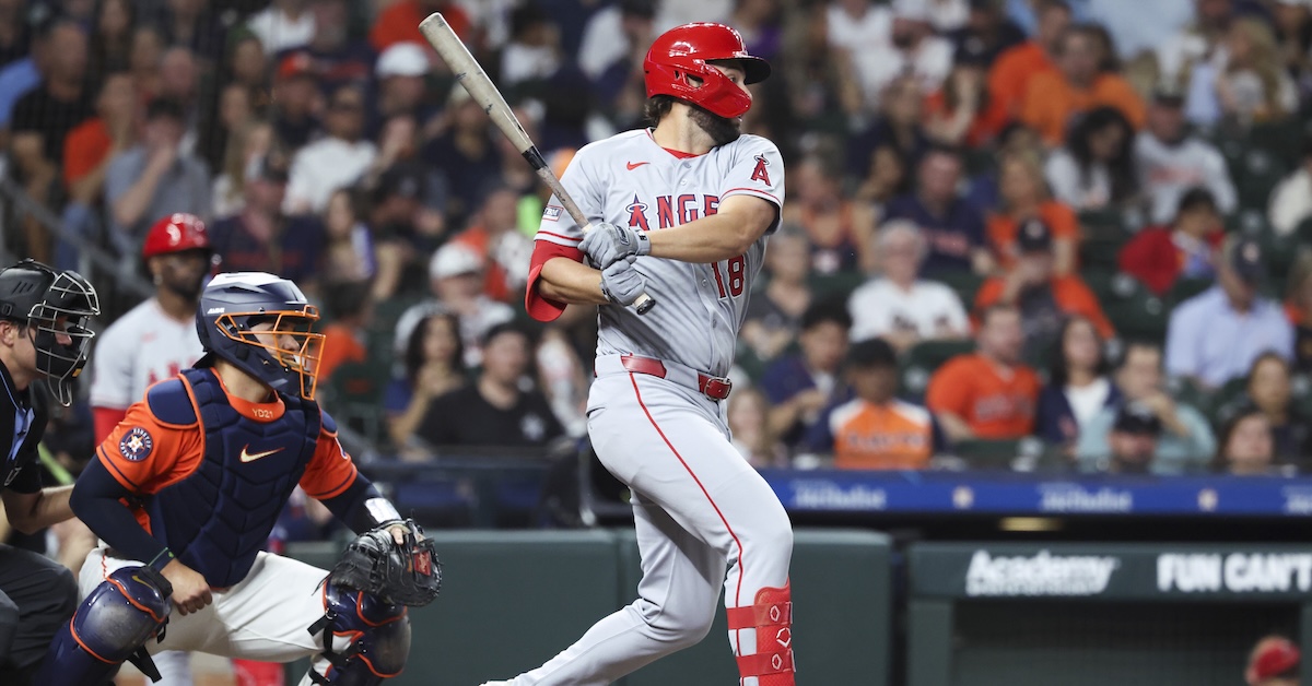 Los Angeles Angels first baseman Nolan Schanuel (18) hits a single during the third inning against the Houston Astros at Daikin Park.