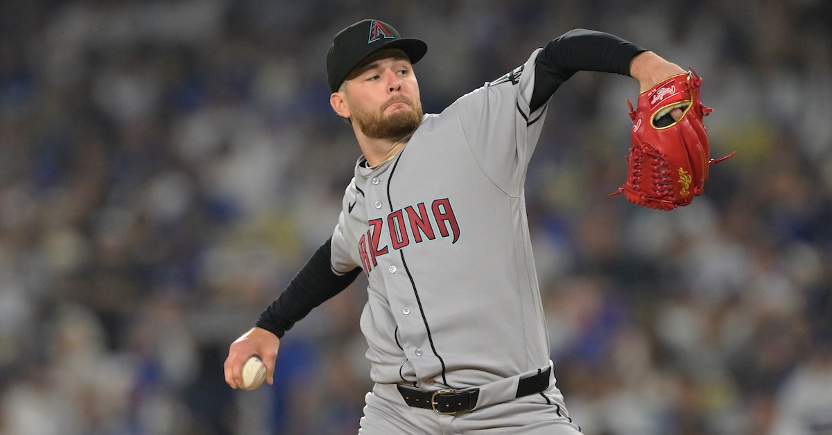Arizona Diamondbacks pitcher Ryne Nelson (19) pitches against the Los Angeles Dodgers in the second inning at Dodger Stadium.