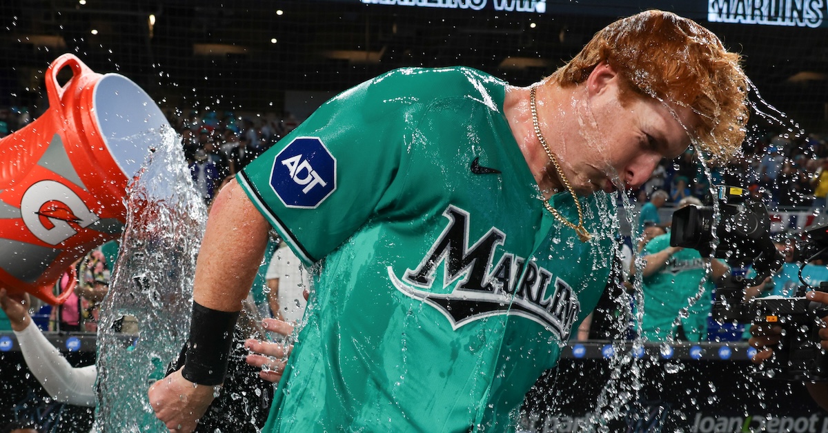 Miami Marlins right fielder Owen Caissie (17) is doused with water after hitting a two-run walk-off home run against the Colorado Rockies during the ninth inning at loanDepot Park. 
