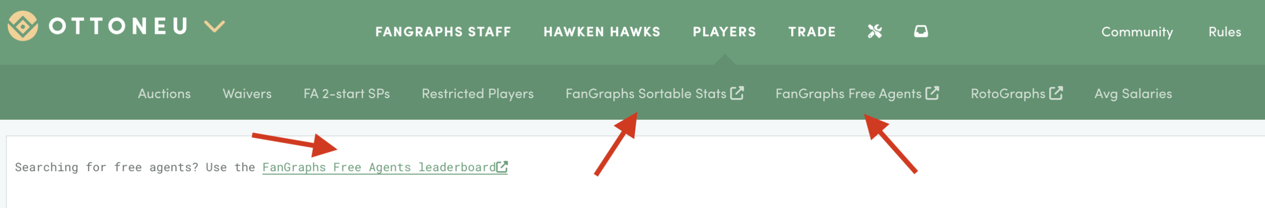 Screen grab of the Ottoneu header on the Players tab, showing red arrows pointing to three links: FanGraphs Sortable Stats, FanGraphs Free Agents, and FanGraphs Free Agent Leaderboards