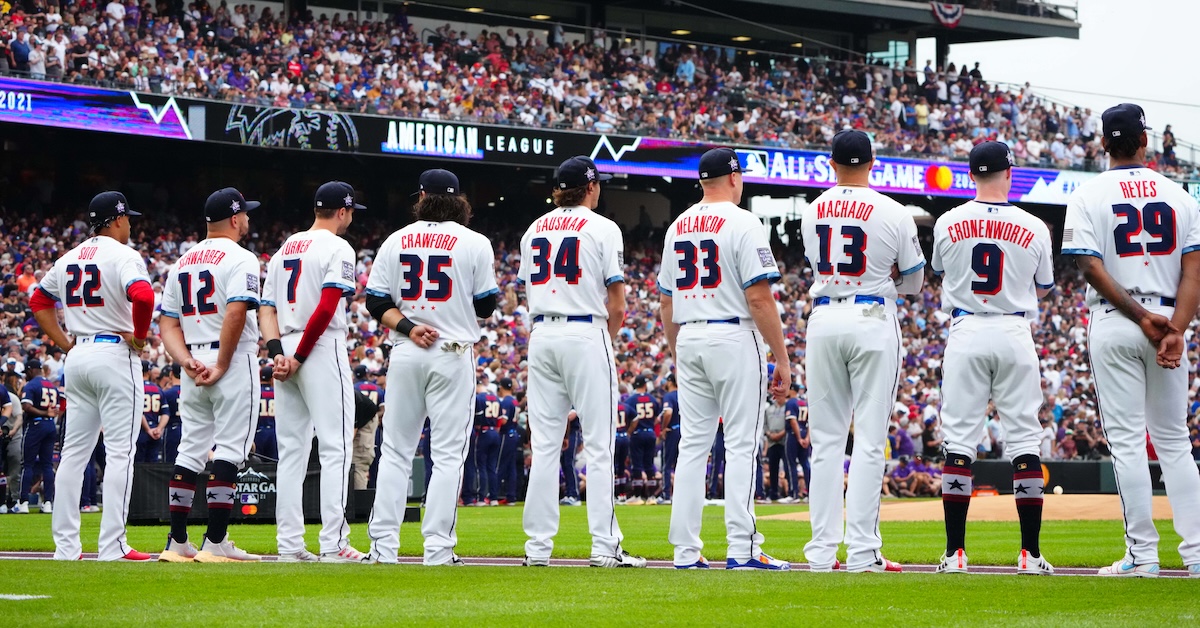 The National League All Stars prior to the 2021 MLB All Star Game at Coors Field.