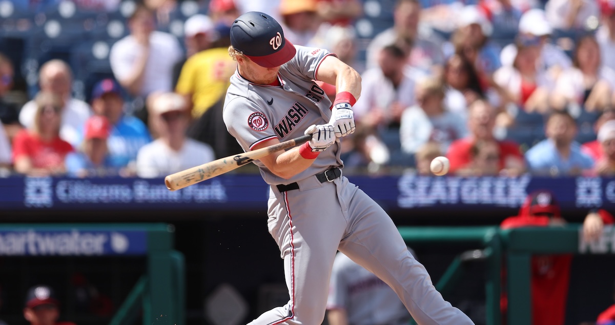 Washington Nationals left fielder Joey Wiemer (21) hits an infield single during the second inning against the Philadelphia Phillies at Citizens Bank Park.